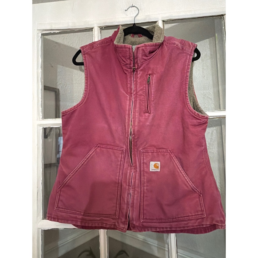 Carhartt Pink Canvas Sherpa Lined Vest Large 12/14 Women Full Zip